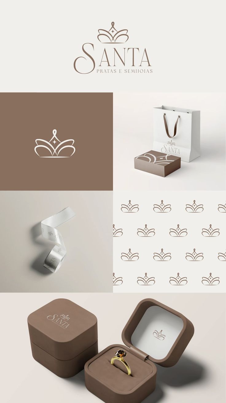 Projeto de identidade visual Santa Pratas e Semijoias em tons de creme e marrom